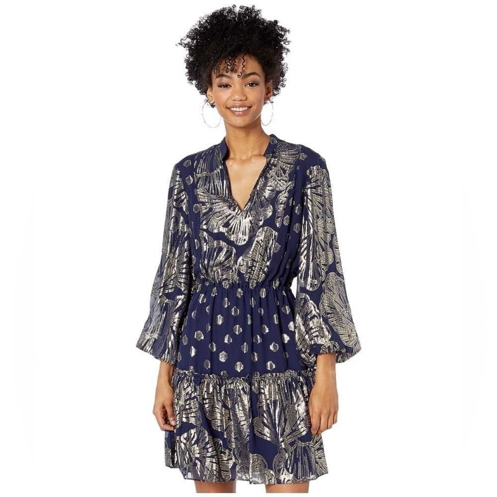 Lilly Pulitzer Size 0 Joella Silk Mini Dress Long Sleeves Fit and Flare Metallic